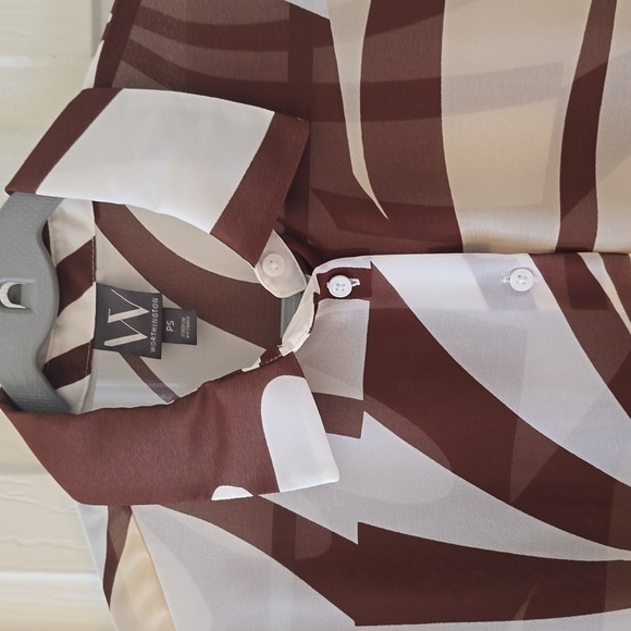 WORTHINGTON WOMEN'S BROWN & WHITE FRONT BUTTON LONG SLEEVE BLOUSE PETITE SMALL - Picture 3 of 16